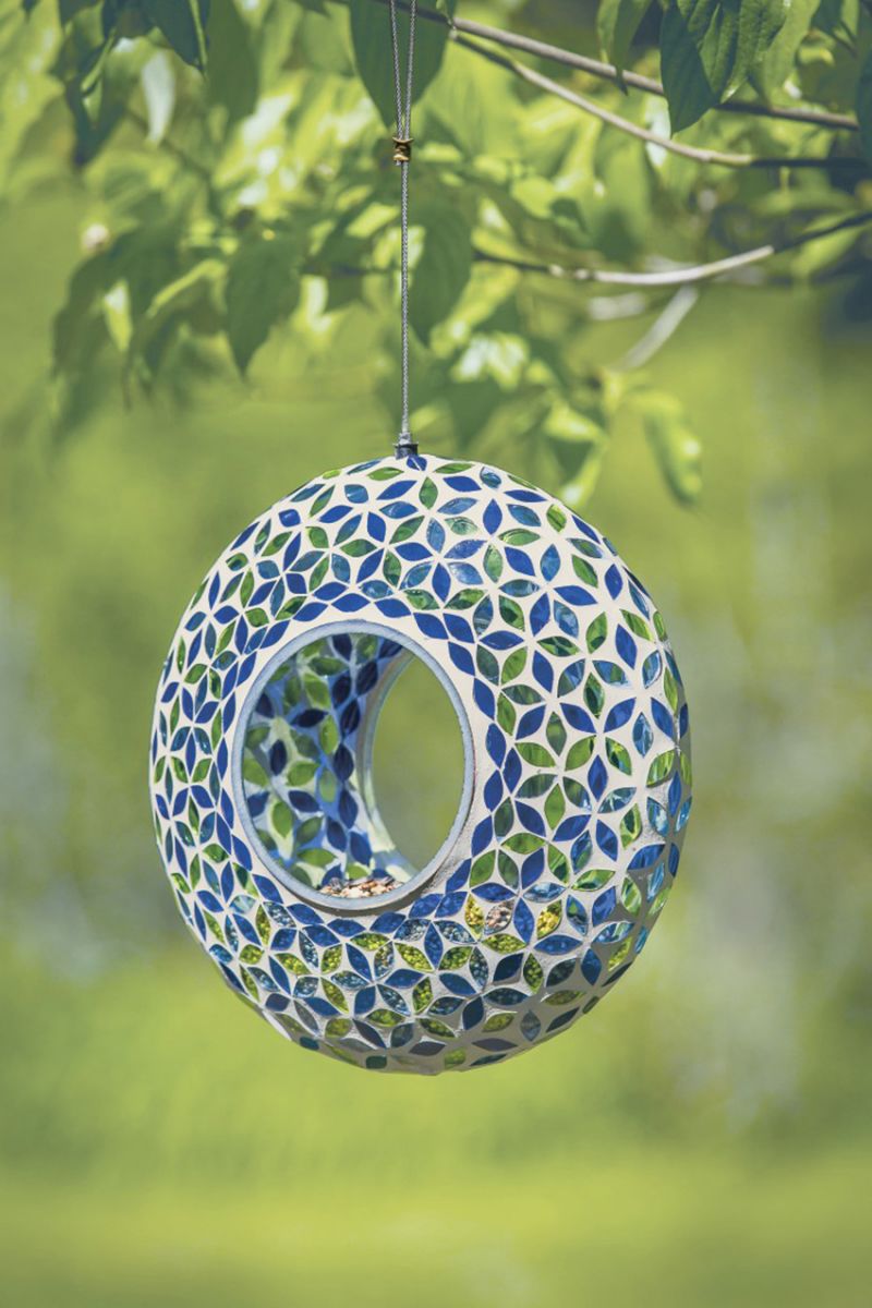 Glass Mosaic Hanging Bird Feeder for Outdoors - Fly-Through Wild Bird Feeder