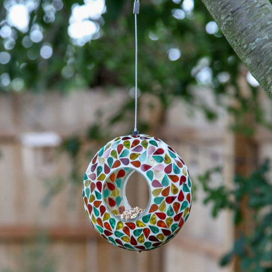 Glass Mosaic Hanging Bird Feeder for Outdoors - Fly-Through Wild Bird Feeder