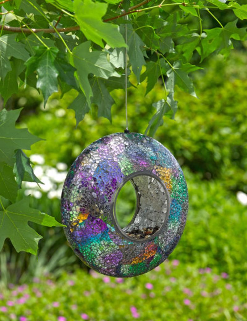 Glass Mosaic Hanging Bird Feeder for Outdoors - Fly-Through Wild Bird Feeder