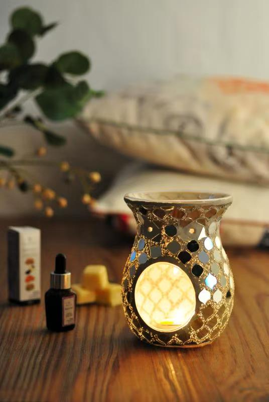 Essential Oil Burner Mosaic Glass Wax Melt Burners, Aromatherapy Aroma Diffuser Tealight Candle Holder, Home Decor for Table Centerpieces, Christmas Housewarming Gift