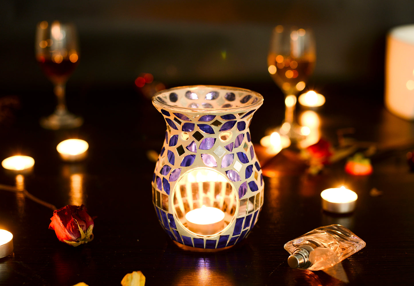 Essential Oil Burner Mosaic Glass Wax Melt Burners, Aromatherapy Aroma Diffuser Tealight Candle Holder, Home Decor for Table Centerpieces, Christmas Housewarming Gift