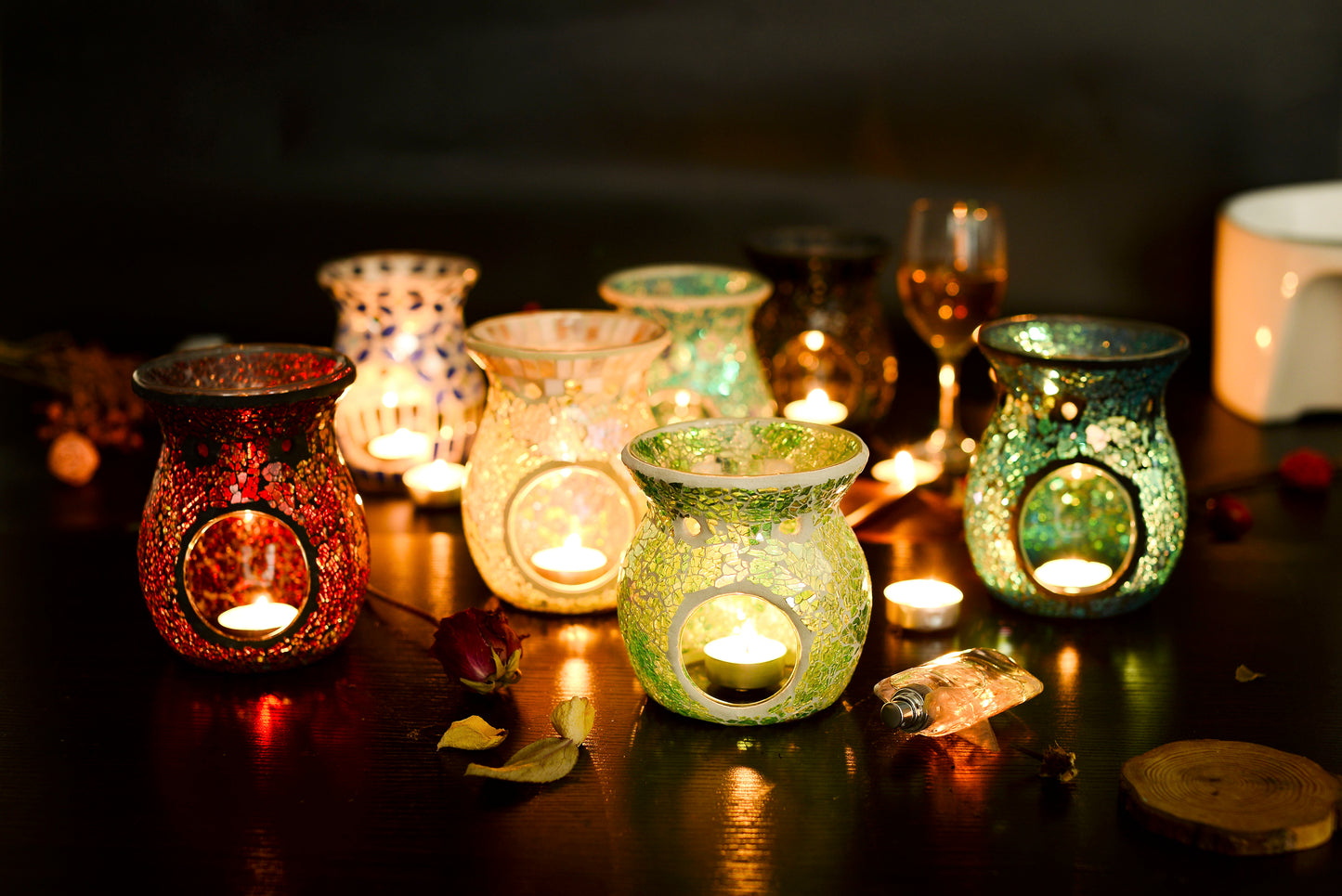 Essential Oil Burner Mosaic Glass Wax Melt Burners, Aromatherapy Aroma Diffuser Tealight Candle Holder, Home Decor for Table Centerpieces, Christmas Housewarming Gift