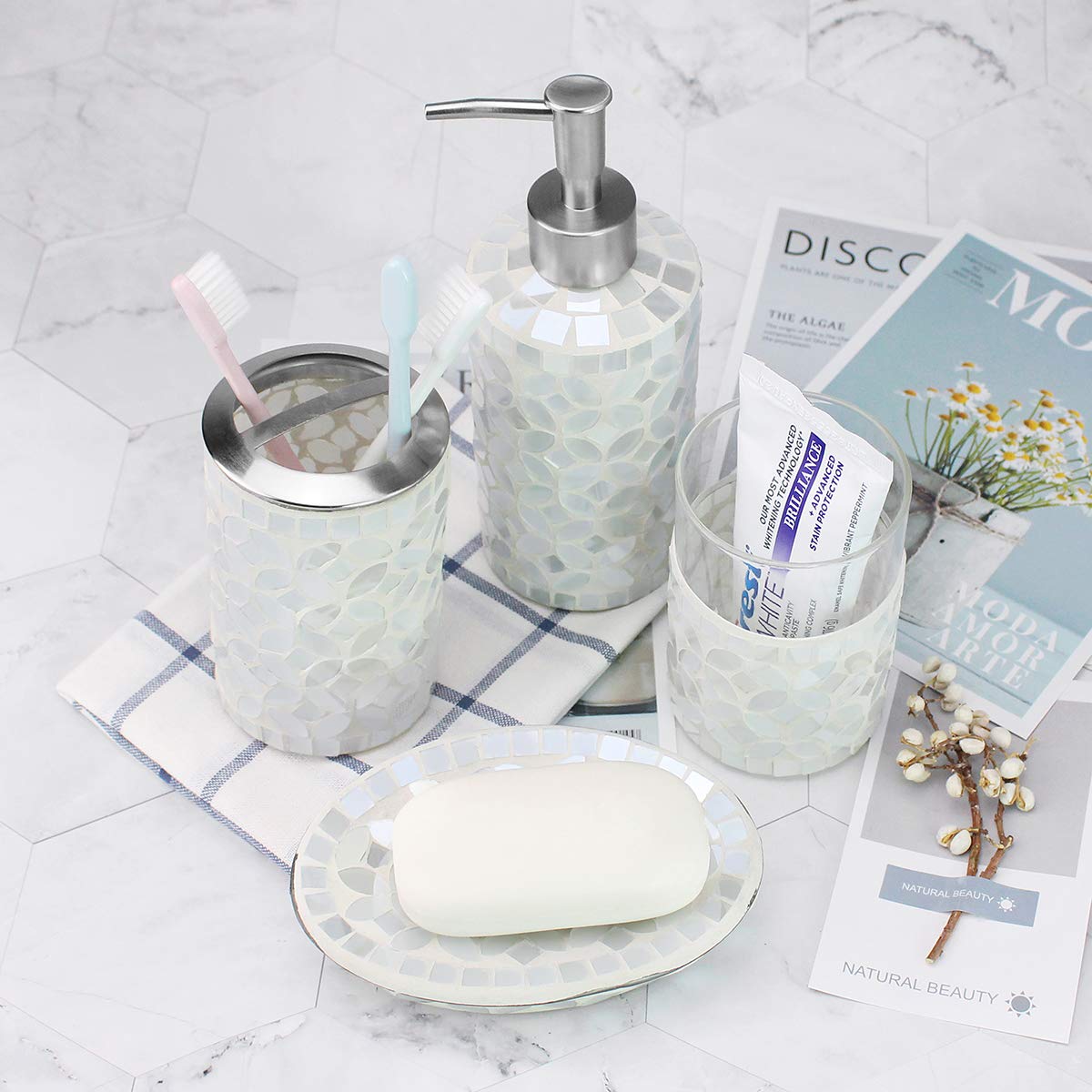 Pearl White  Copper Leaf Tile Method Handmade Red Glass Mosaic Bathroom Accessories Set