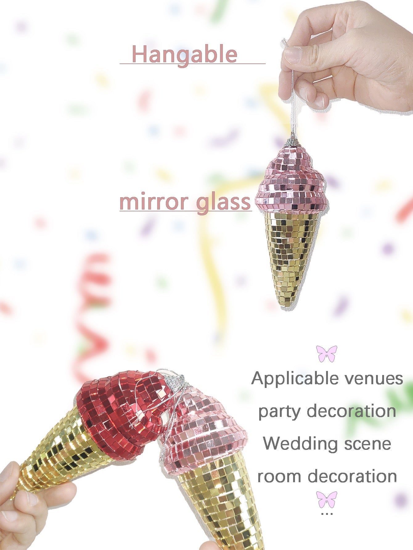 Handcrafted Mosaic Ice Cream Ornament – Hanging Mirror Glass Decoration for Party, Wedding & Room Décor