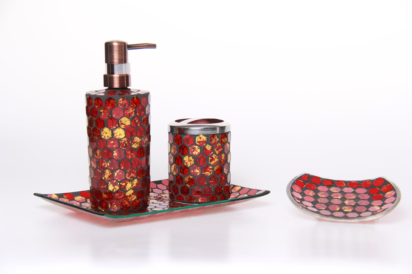 Red Gold Honeycomb Handmade Red Glass Mosaic Bathroom Accessories Set 4