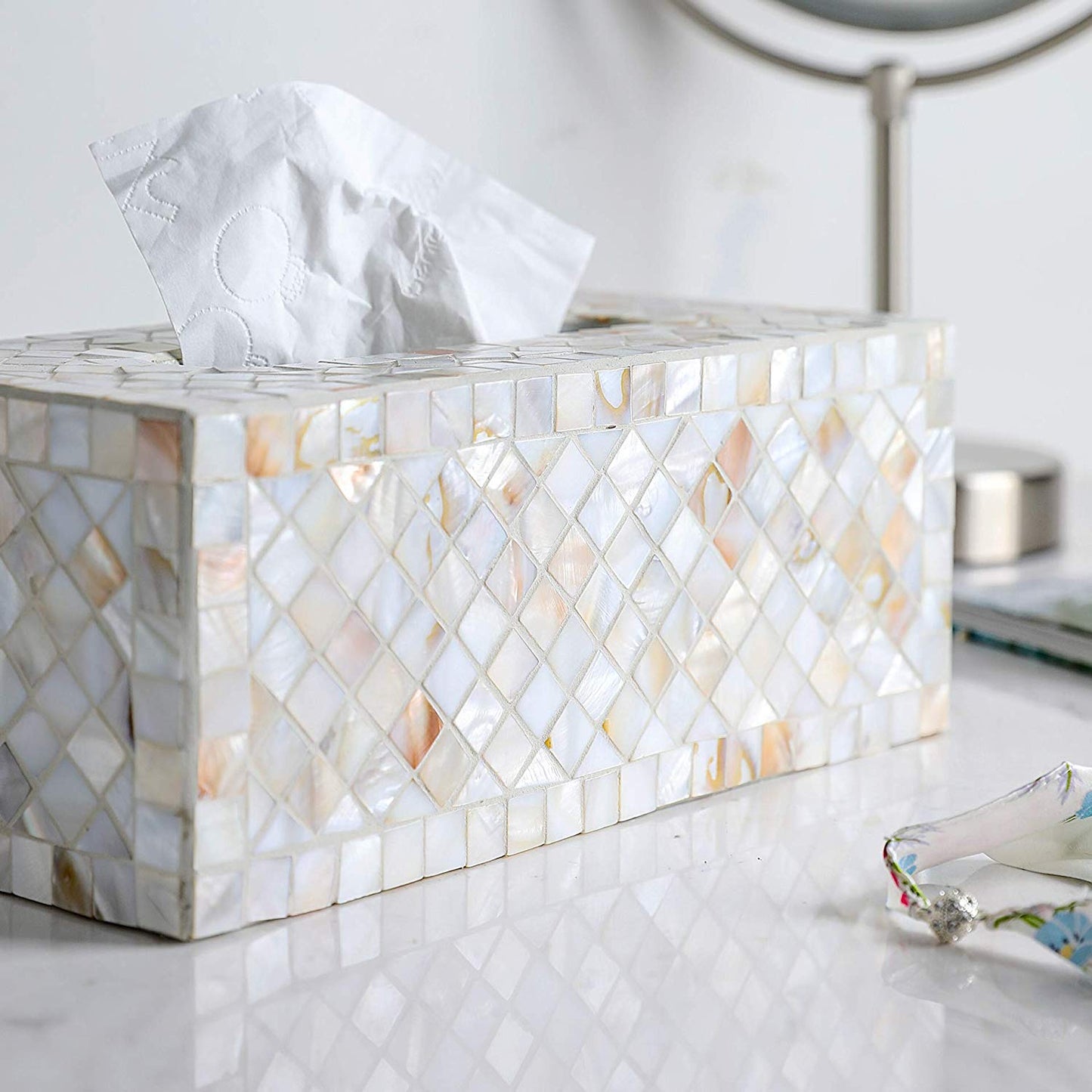 Nature Shell Bathroom Accessories Sets 4 Pcs | Luxurious Glass Soap Dispenser Toothbrush Holder Cotton Swab Jar Vanity Tray