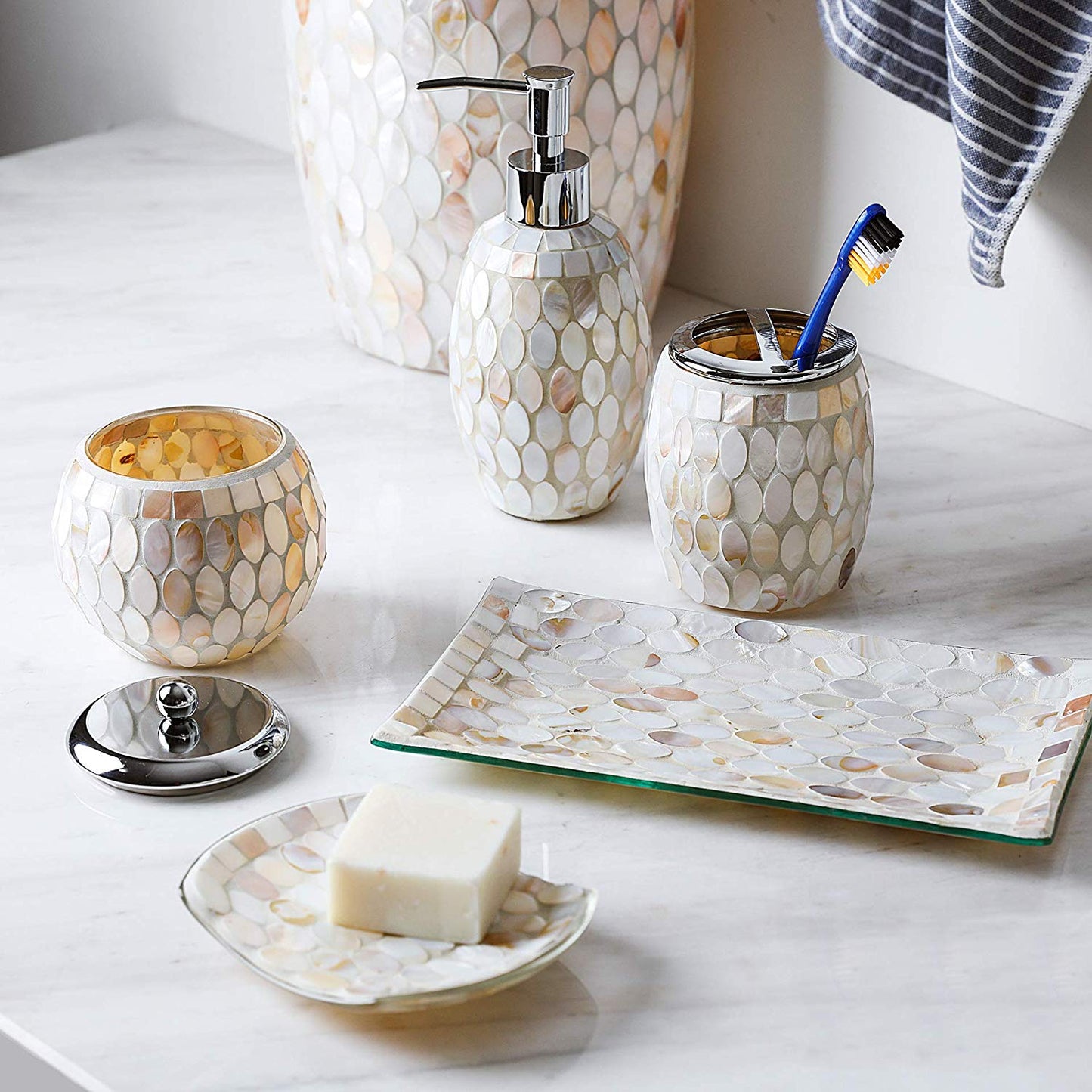 Nature Shell Bathroom Accessories Sets 4 Pcs | Luxurious Glass Soap Dispenser Toothbrush Holder Cotton Swab Jar Vanity Tray