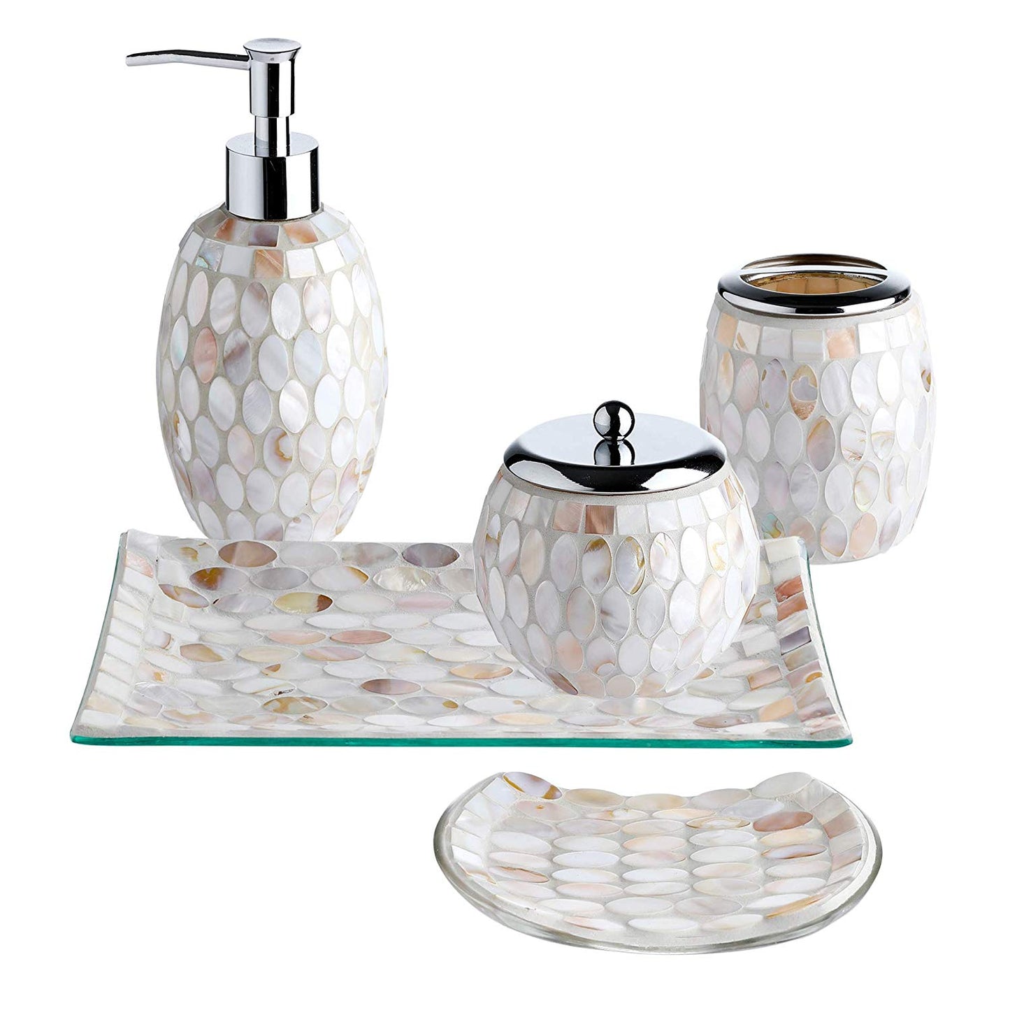 Nature Shell Bathroom Accessories Sets 4 Pcs | Luxurious Glass Soap Dispenser Toothbrush Holder Cotton Swab Jar Vanity Tray