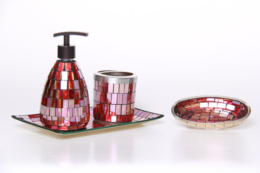 Shiney Red Tile Handmade Red Glass Mosaic Bathroom Accessories Set
