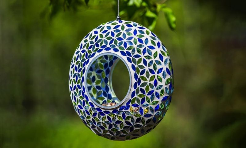 Glass Mosaic Hanging Bird Feeder for Outdoors - Fly-Through Wild Bird Feeder