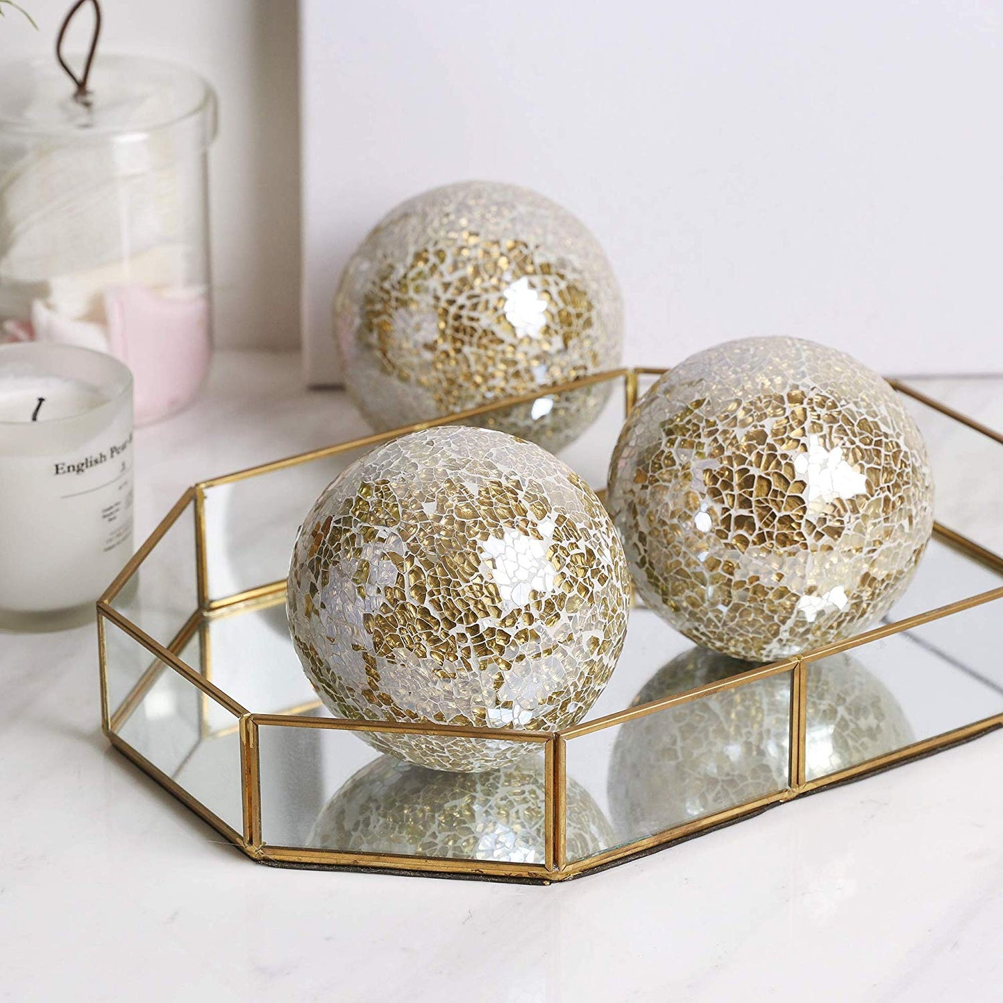 Gold glass mosaic decorative ball with reflective handcrafted surface for luxury home décor
