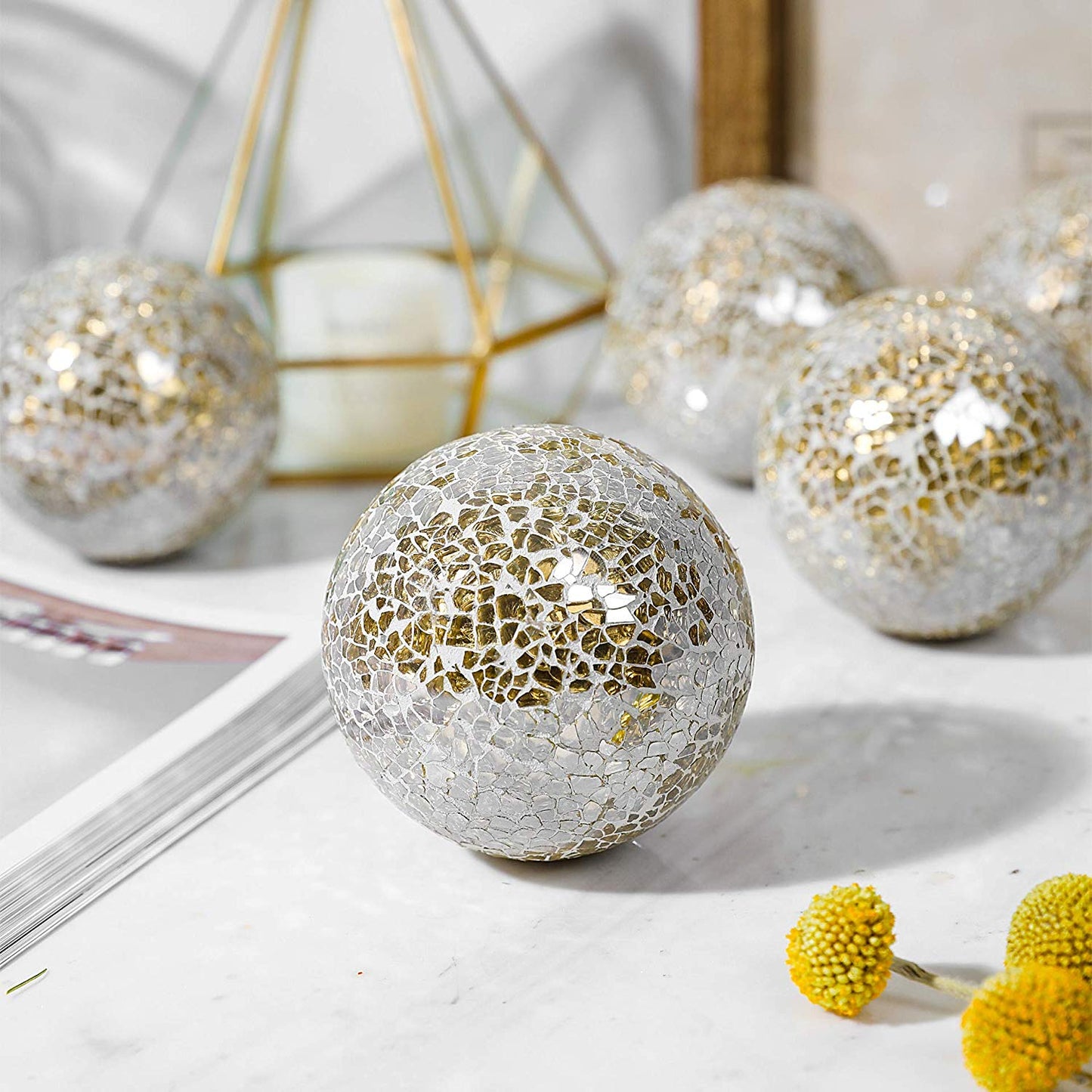 Gold glass mosaic decorative ball with reflective handcrafted surface for luxury home décor