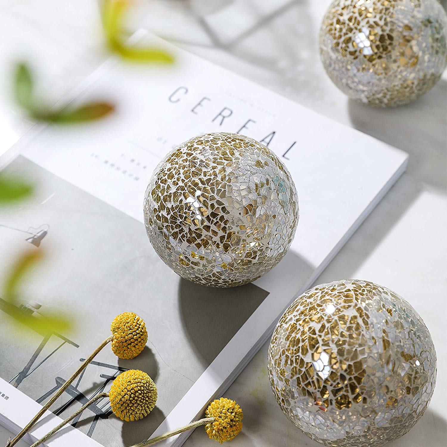Gold glass mosaic decorative ball with reflective handcrafted surface for luxury home décor