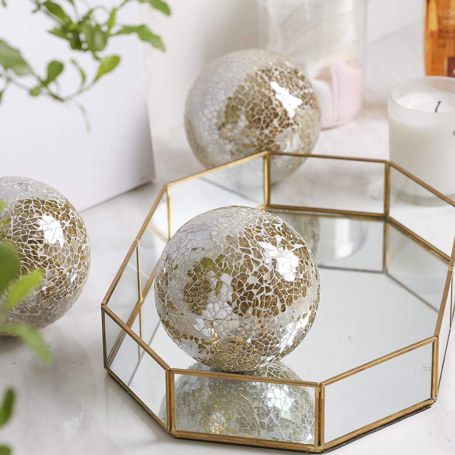 Gold glass mosaic decorative ball with reflective handcrafted surface for luxury home décor