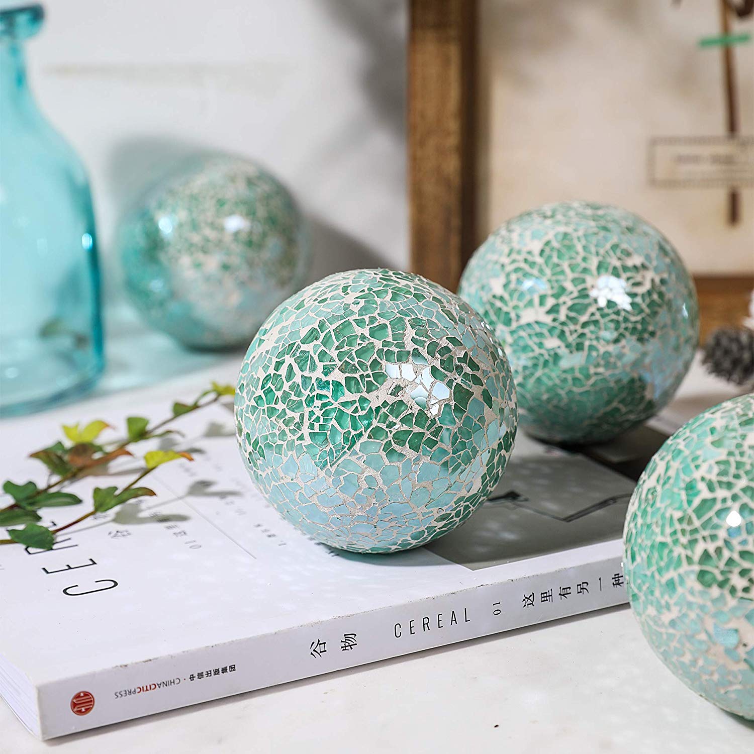 Green glass mosaic decorative ball with handcrafted mosaic surface for tabletop home décor