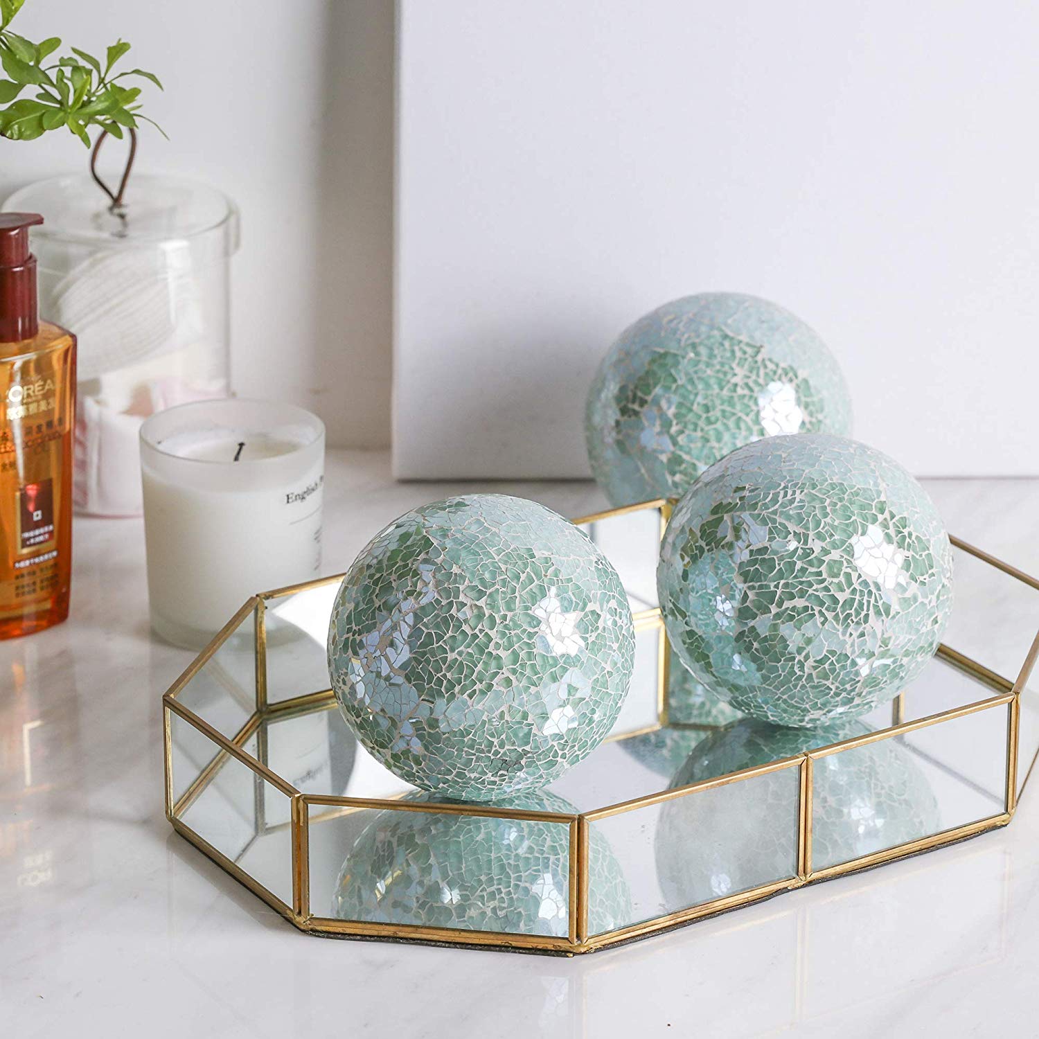 Green glass mosaic decorative ball with handcrafted mosaic surface for tabletop home décor