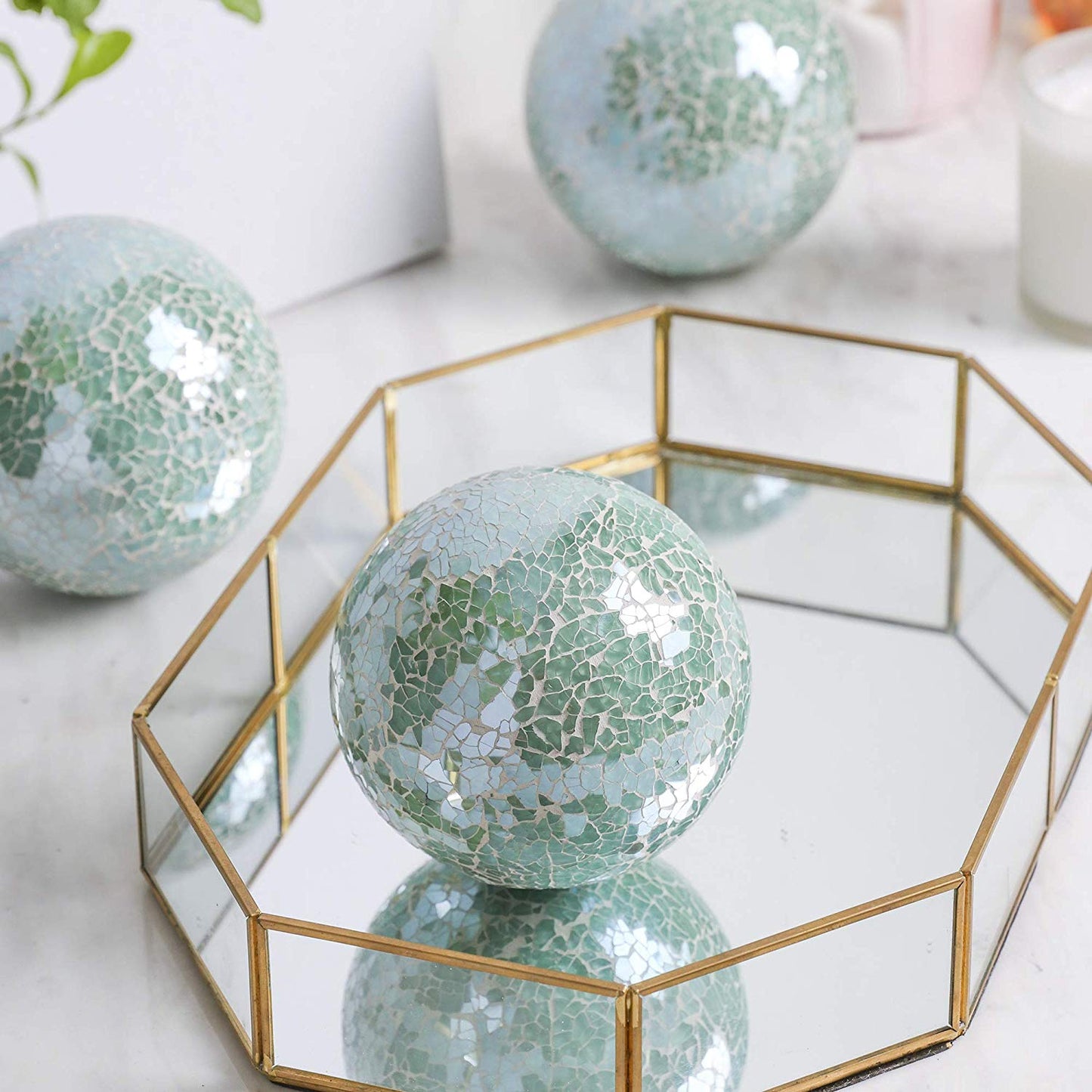 Green glass mosaic decorative ball with handcrafted mosaic surface for tabletop home décor
