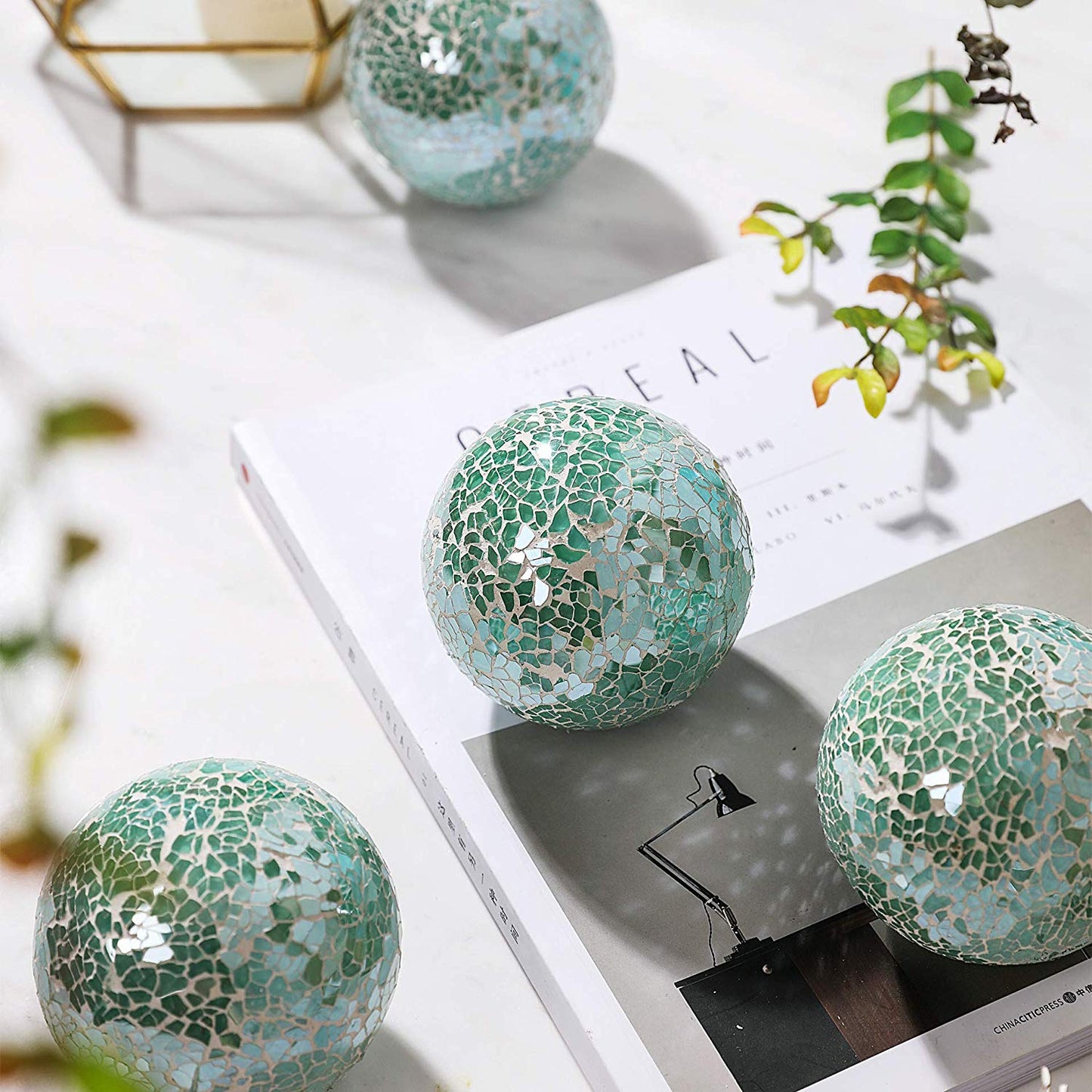 Green glass mosaic decorative ball with handcrafted mosaic surface for tabletop home décor