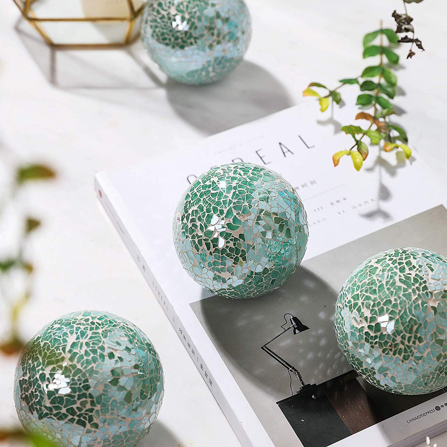 Green glass mosaic decorative ball with handcrafted mosaic surface for tabletop home décor