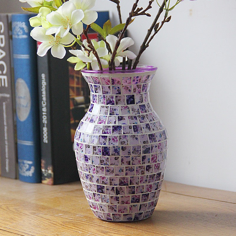 Mosaic Vase, Glass Blue Flower Vases for Centerpieces, Handmade Bud Vase for Wedding Flower Arrangement, Living Room, Kitchen, Home Decor