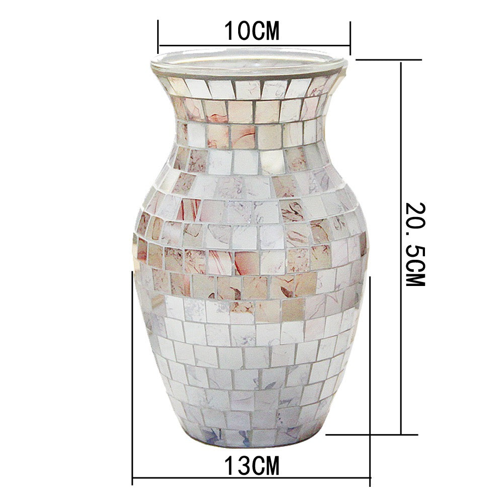 Handcrafted silver glass mosaic flower vase with curved shape, decorative home accent for living room and dining table