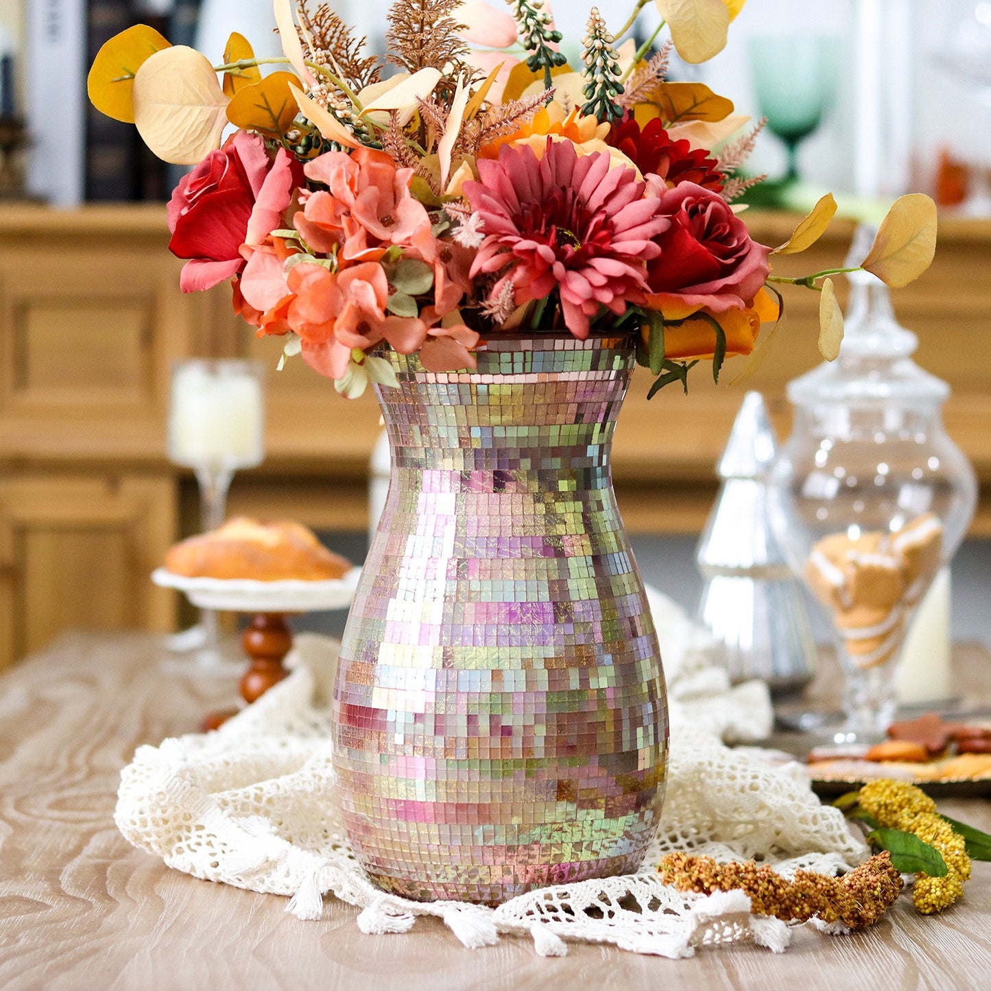 Handcrafted silver glass mosaic flower vase with curved shape, decorative home accent for living room and dining table