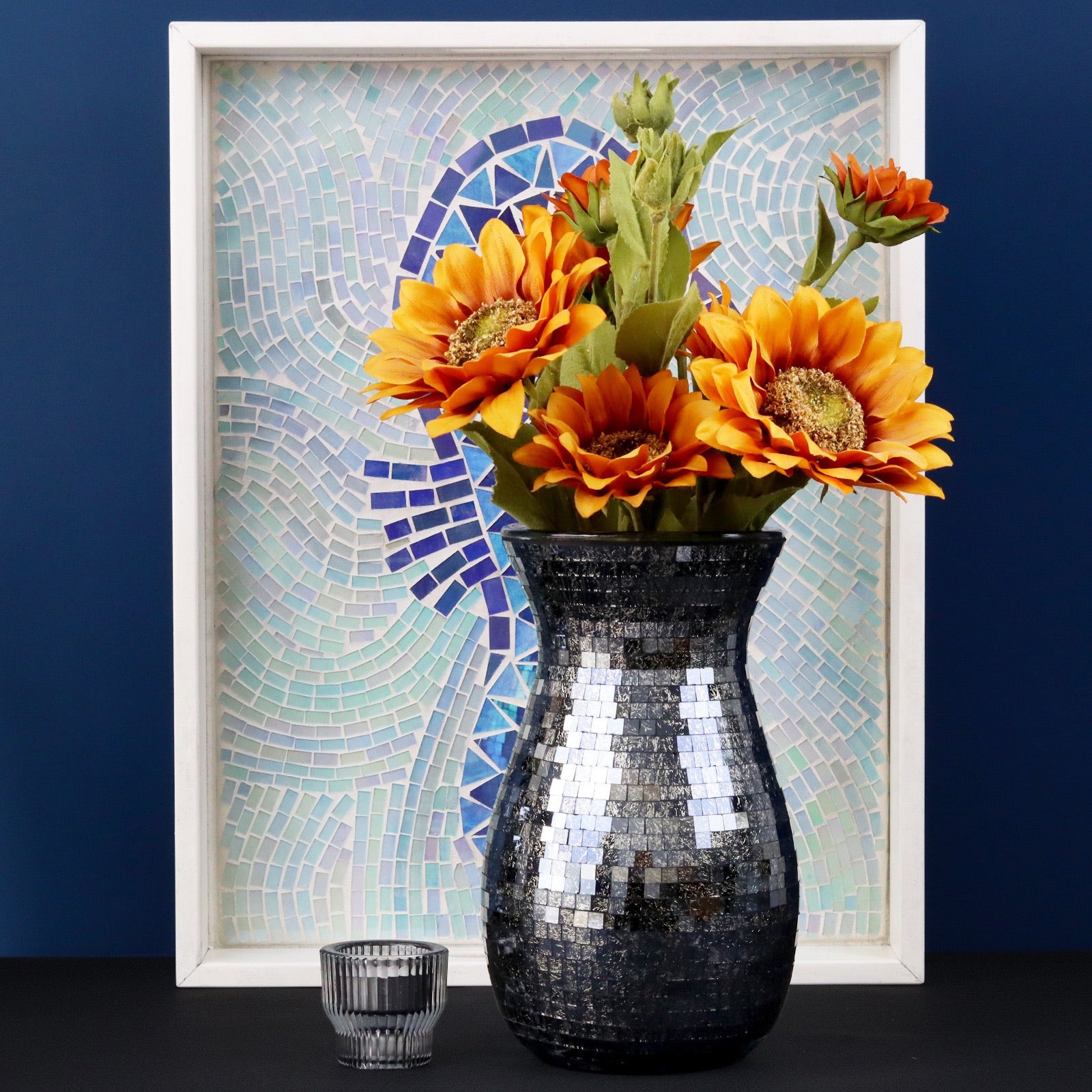 Handcrafted silver glass mosaic flower vase with curved shape, decorative home accent for living room and dining table