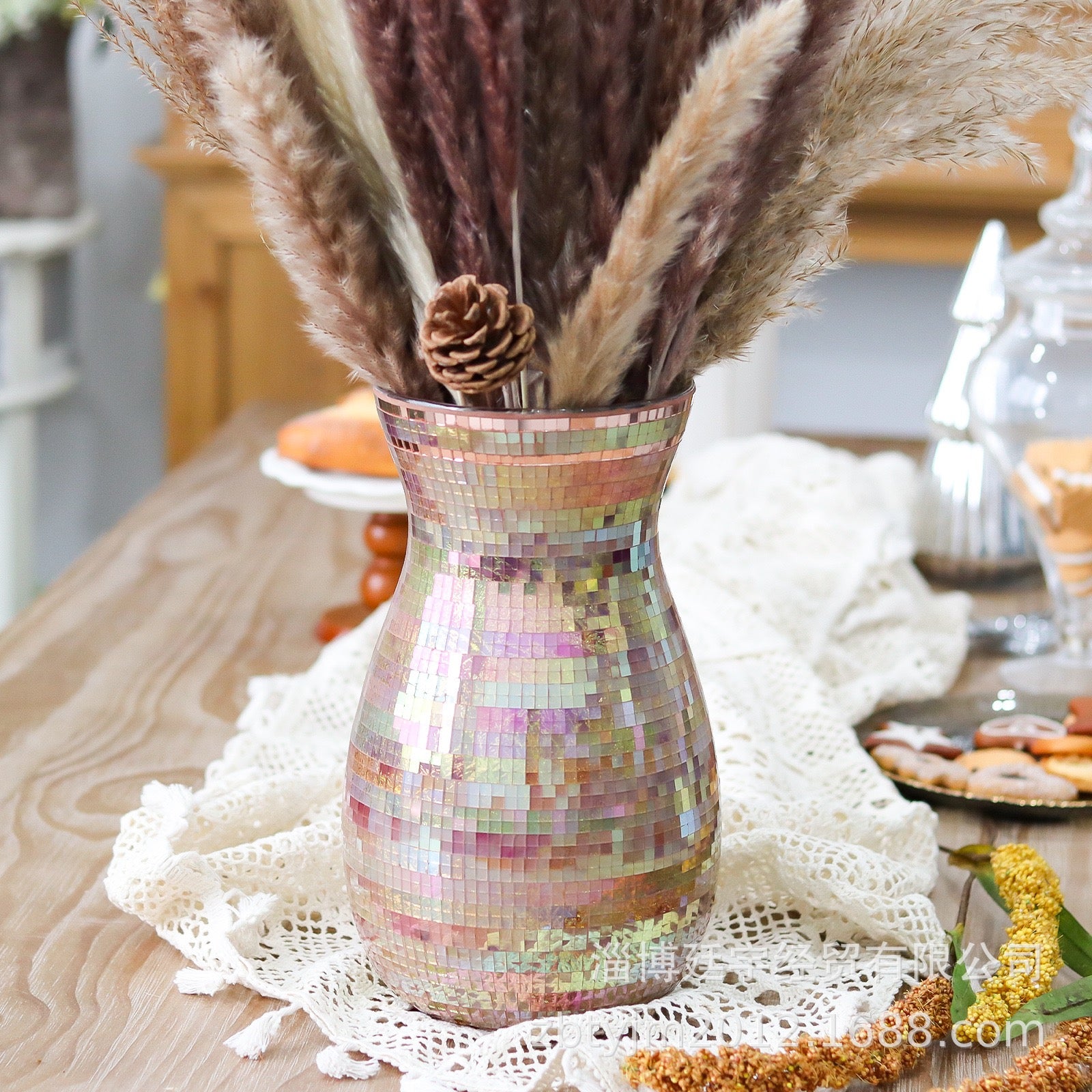 Handcrafted silver glass mosaic flower vase with curved shape, decorative home accent for living room and dining table