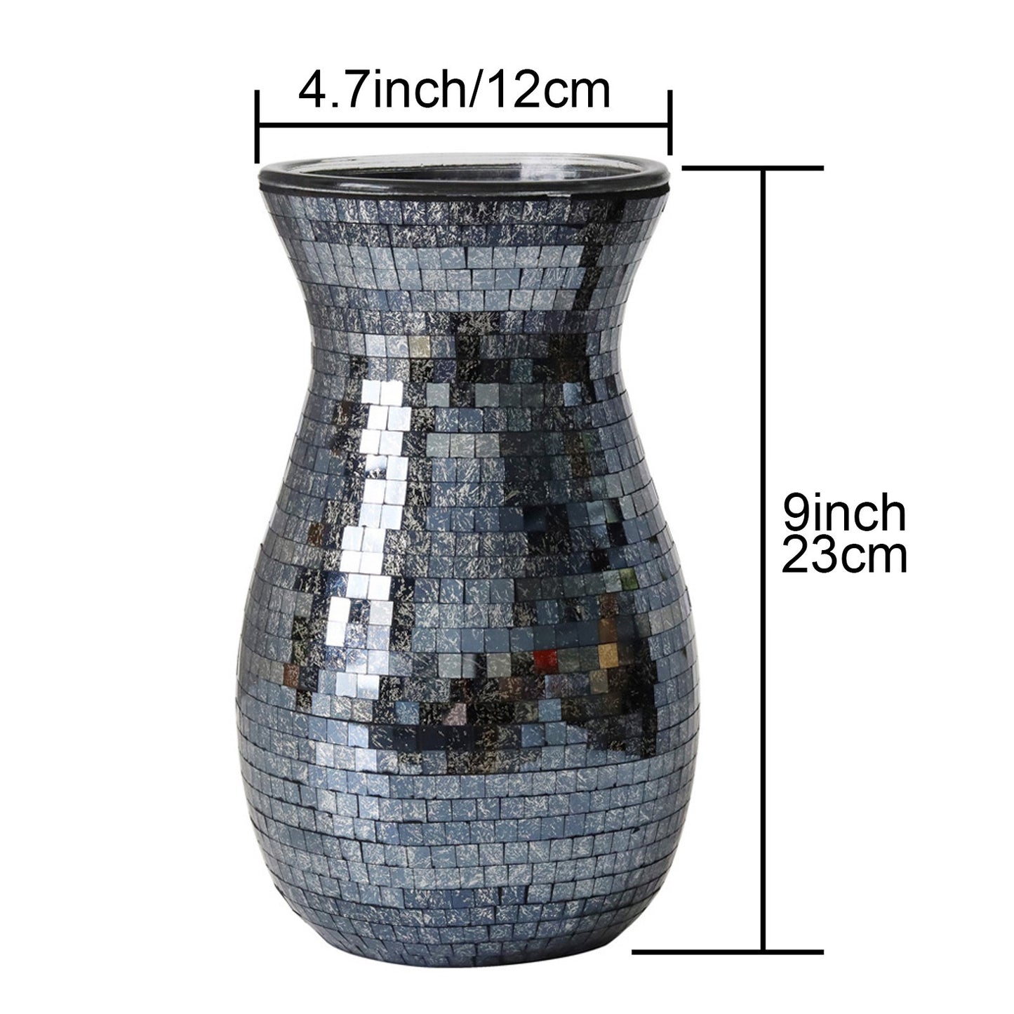 Handcrafted silver glass mosaic flower vase with curved shape, decorative home accent for living room and dining table