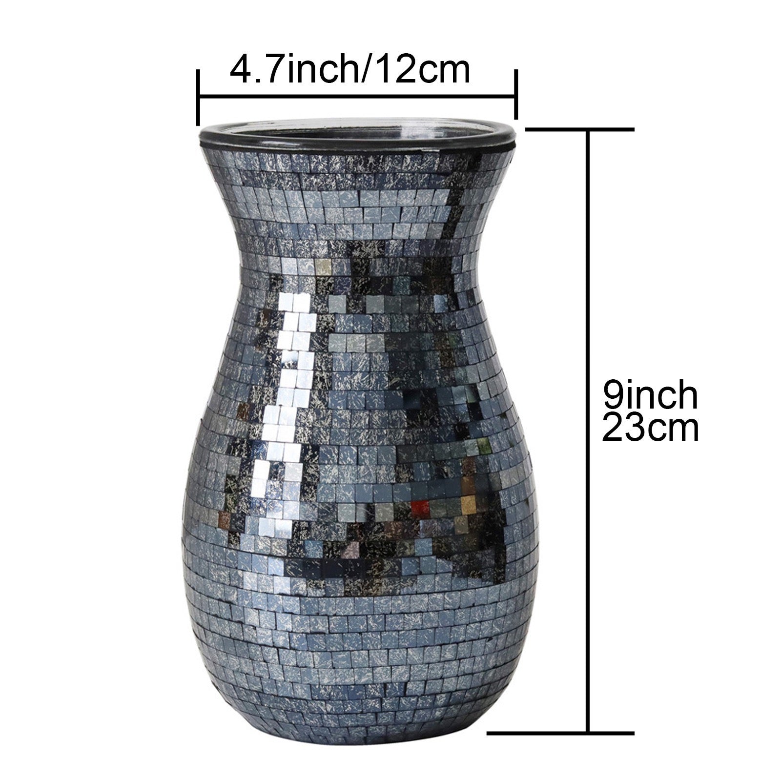 Handcrafted silver glass mosaic flower vase with curved shape, decorative home accent for living room and dining table
