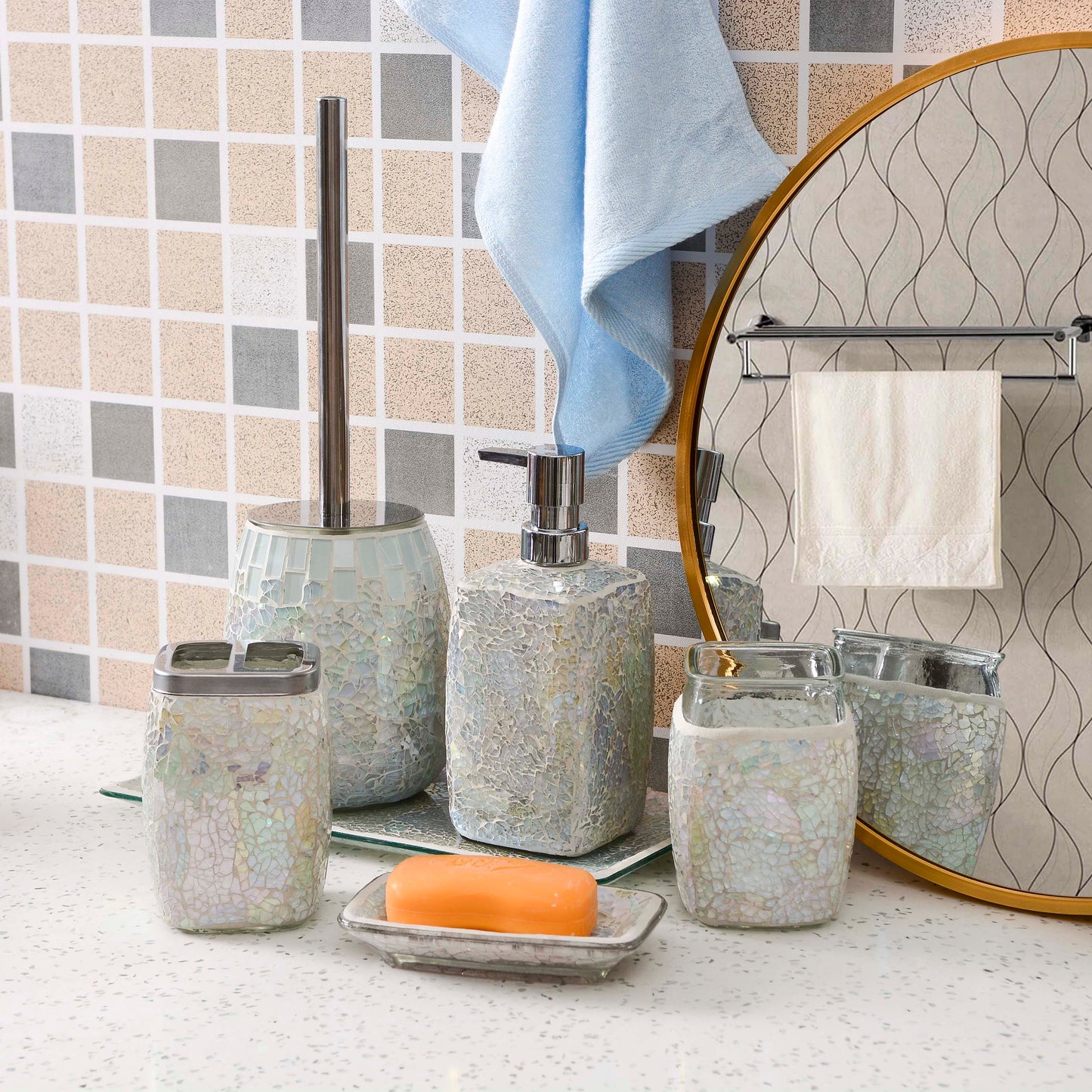 Pearl White Handcrafted Decorative Bathroom Accessories set 6 for Wholesale