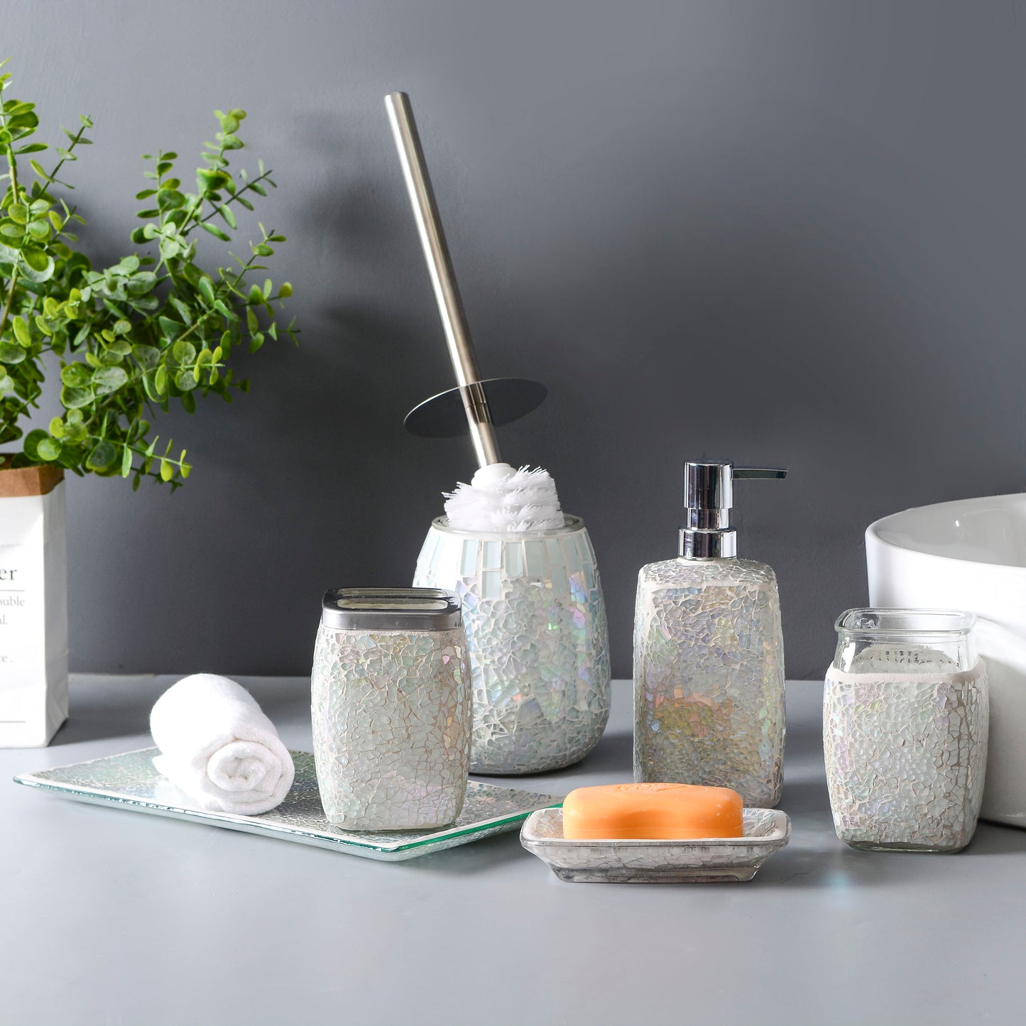 Pearl White Handcrafted Decorative Bathroom Accessories set 6 for Wholesale