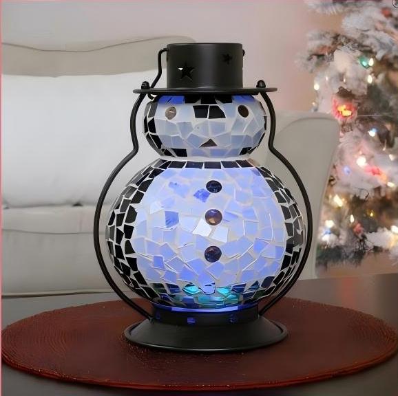 Handmade mosaic snowman candle holder for home and holiday decoration