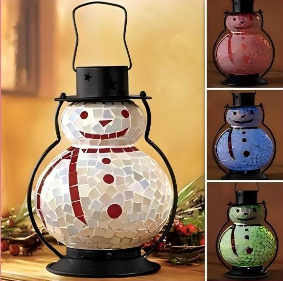 Handmade mosaic snowman candle holder for home and holiday decoration