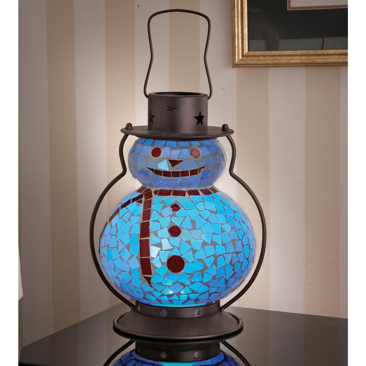 Handmade mosaic snowman candle holder for home and holiday decoration