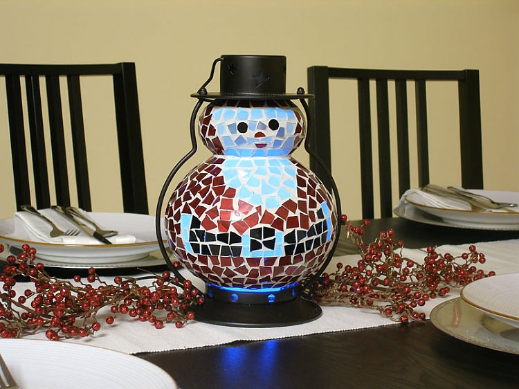 Handmade mosaic snowman candle holder for home and holiday decoration